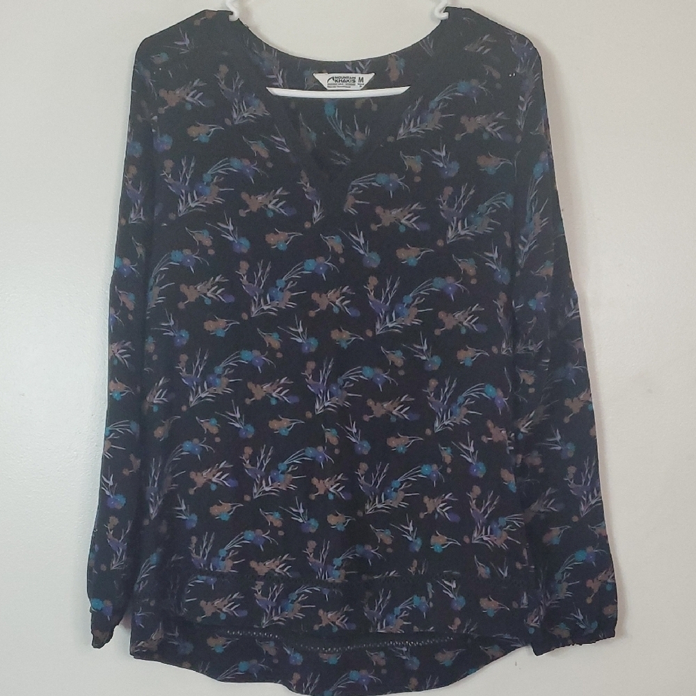 Mountain Khakis Dark Floral Blouse Top Size Medium Womens Longsleeve Shirt
